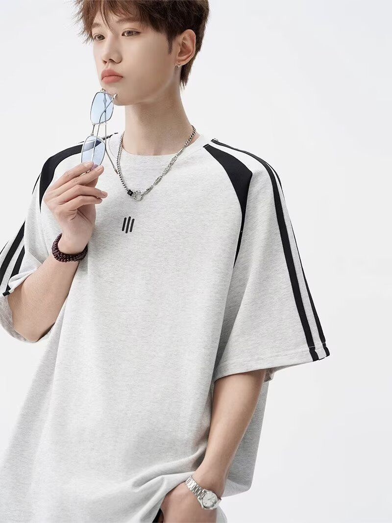 Men's Fashion Short Sleeve T-Shirt Breathable Ice Silk Fabric Relaxed Fit Round Neck Color Blocking Design Versatile Casual Wear For Young Adults_voghion.com