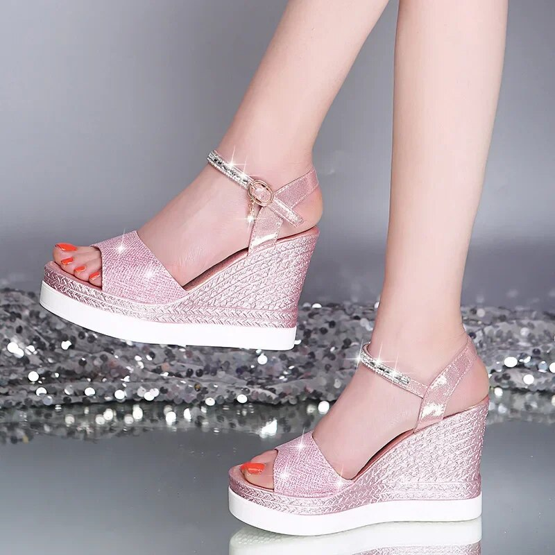 Women's 10cm Rhine-drill Buckle Thick Soled High Heels Ladies Casual Shoes Female Wedge Heel Fish Mouth Beach Sandals_voghion.com