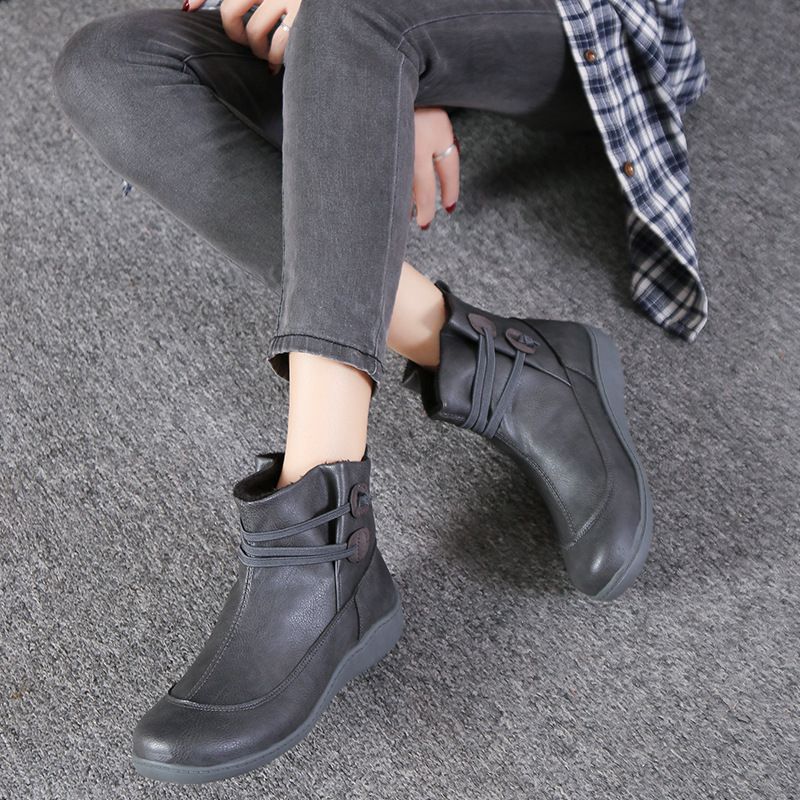 Women's lace-up front neutral low heel round toe ankle boots_voghion.com