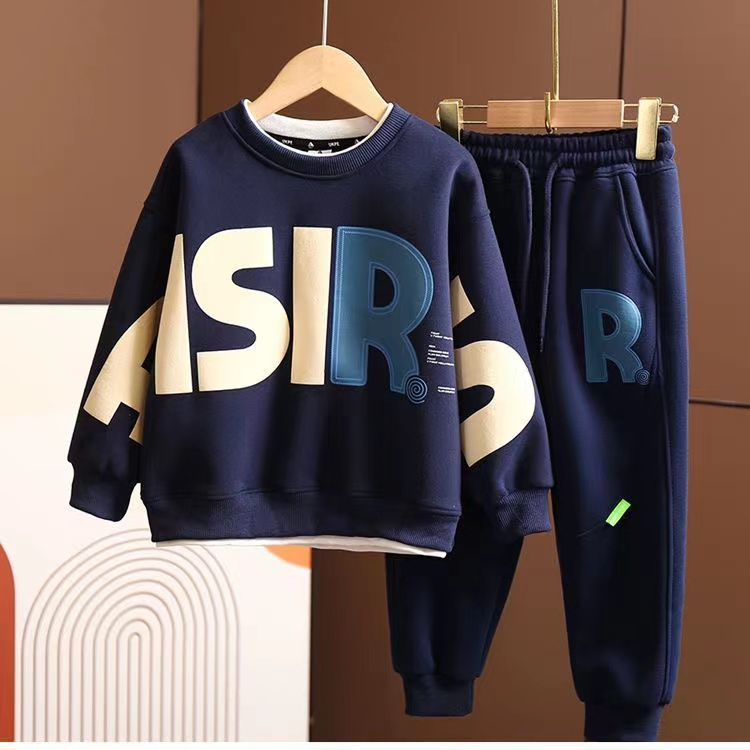 Suéter con letras estampadas para niños, red deportiva de primavera y otoño, conjunto de dos piezas de moda de color rojo, novedad de 2023_voghion.com