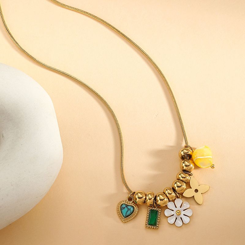 Collana con ciondolo a forma di fiore con ape in acciaio al titanio, creativa, perla, turchese, perlina, catena a forma di serpente e osso_voghion.com