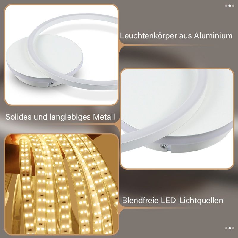 Glitzerlife Deckenleuchte LED Deckenlampe Weiß - 24W 3000K Warmweiß Küchenlampe 2-Ringen Flurlampe Metall Deckenleuchten Für Wohnzimmer Esszimmer Schlafzimmer_voghion.com