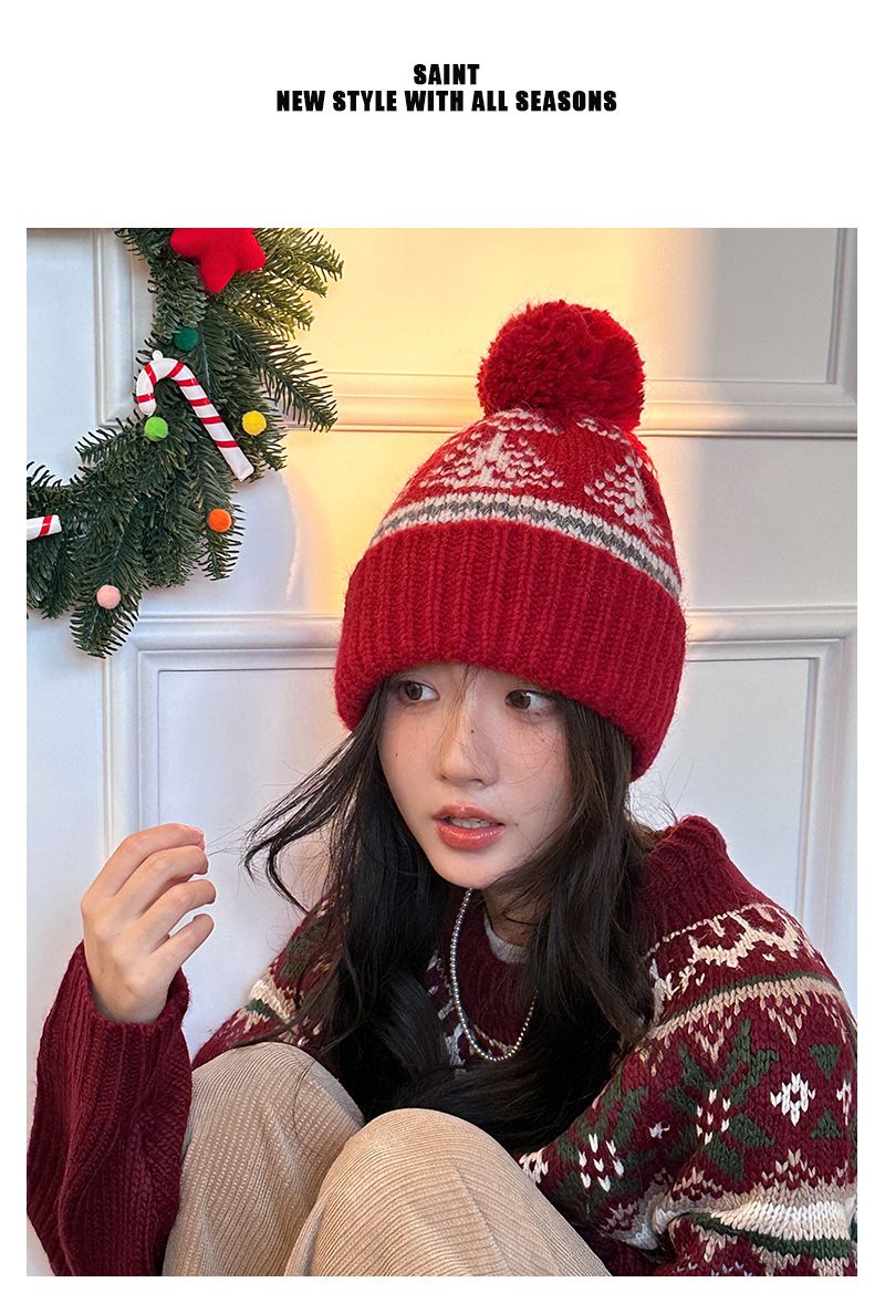 Gorro navideño rojo de lana para niños, ideal para el invierno. Grueso, cálido y con protección para las orejas. Perfecto para parejas, estudiantes y personas que buscan un gorro de punto resistente al frío._voghion.com