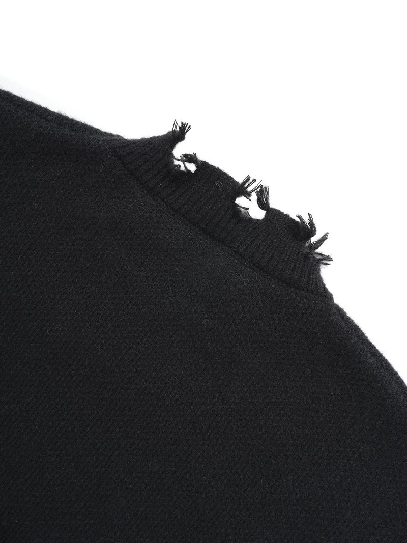 Pull en tricot effet vieilli pour homme – Épaules tombantes surdimensionnées, ourlet à franges et tissage texturé d'inspiration grunge (noir/gris/beige)_voghion.com