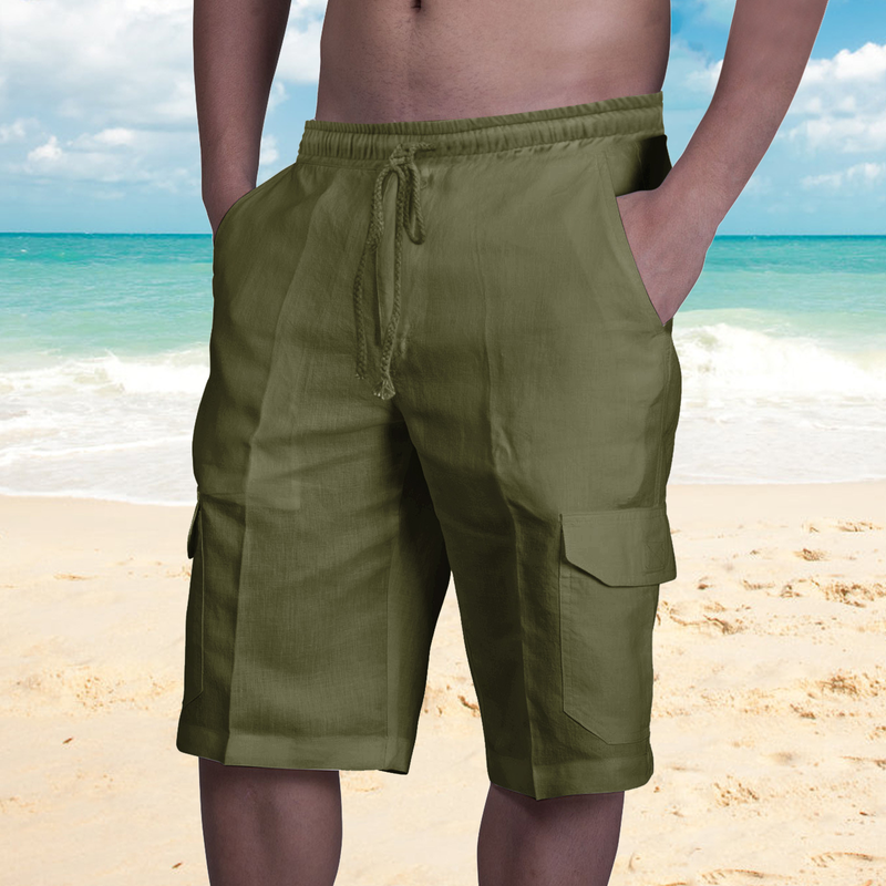 2022 nuovi pantaloncini di lino multitasche con lacci pantaloni da lavoro da spiaggia da uomo_voghion.com