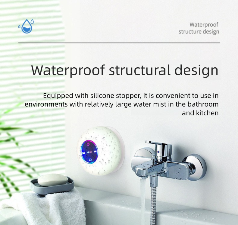 Enceinte Bluetooth sans fil portable et étanche avec LED colorées et ventouse pour salle de bain_voghion.com