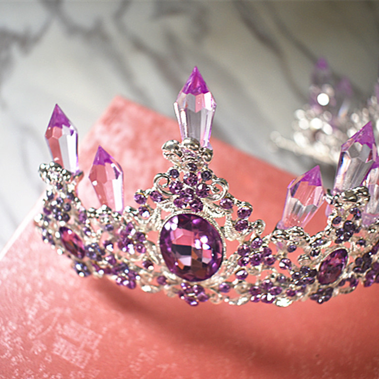 Brud koreansk lila kristallpelare stor krona tiara set bröllop drottning håraccessoarer barock krona_voghion.com