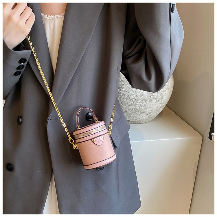 Borsa a secchiello da donna, mini borsa a secchiello rotonda con contrasto di colore, stile per famiglie, da portare a mano, piccola borsa a tracolla color rossetto, da donna_voghion.com