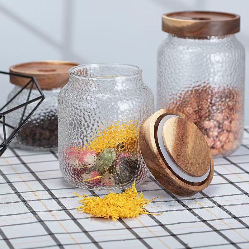 Vorratsdose aus gehämmertem Glas mit Deckel aus Akazienholz – luftdichter Behälter für Kaffee, Tee, Gewürze und Trockenwaren (dekoratives Schneeflockenmuster)_voghion.com