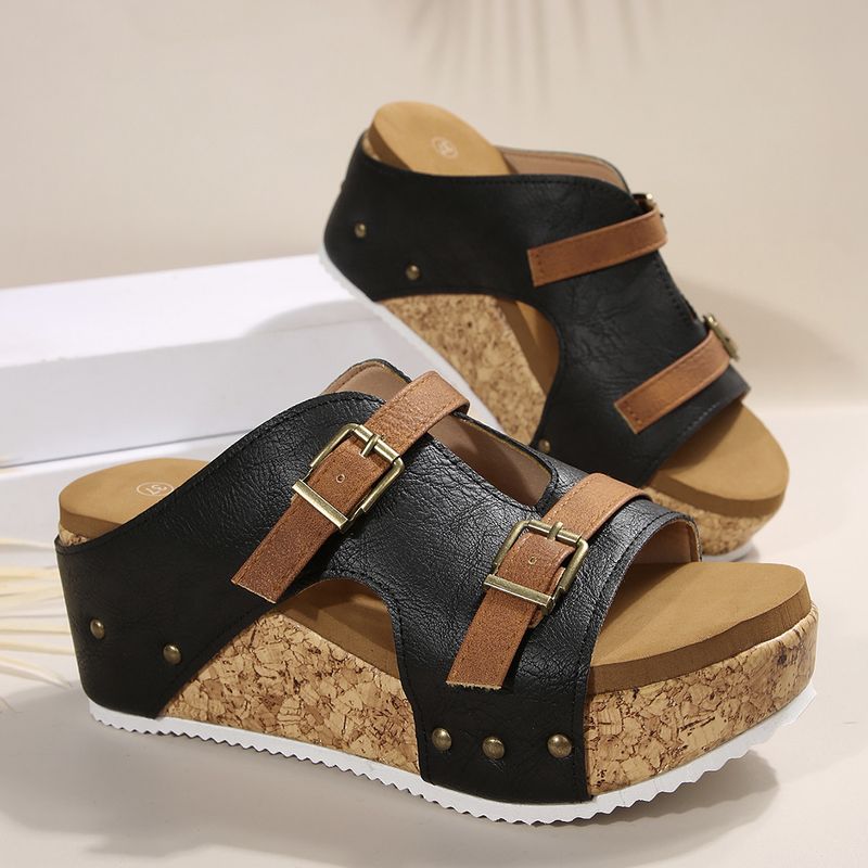Large Thick Slope Heel Strap Slippers 2025 Summer New Style Buckle With Light Bubble Bottom Beach Open Toe Women's Shoes_voghion.com