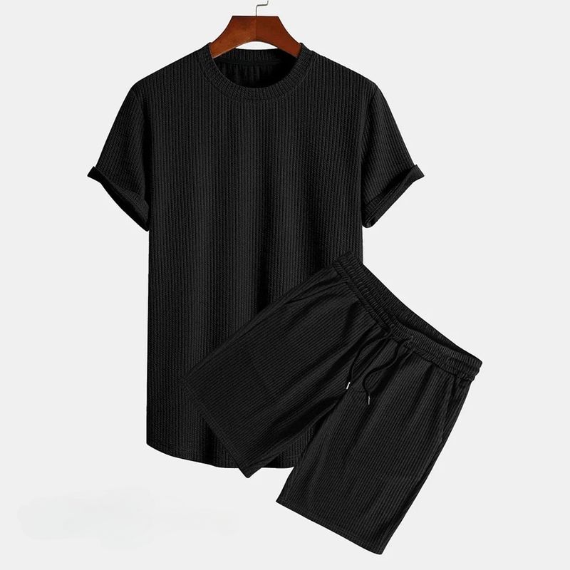 2024 Sommer Herren Kurzarm Rundhals Pullover T-Shirt Shorts Set Einfarbig Beachwear_voghion.com