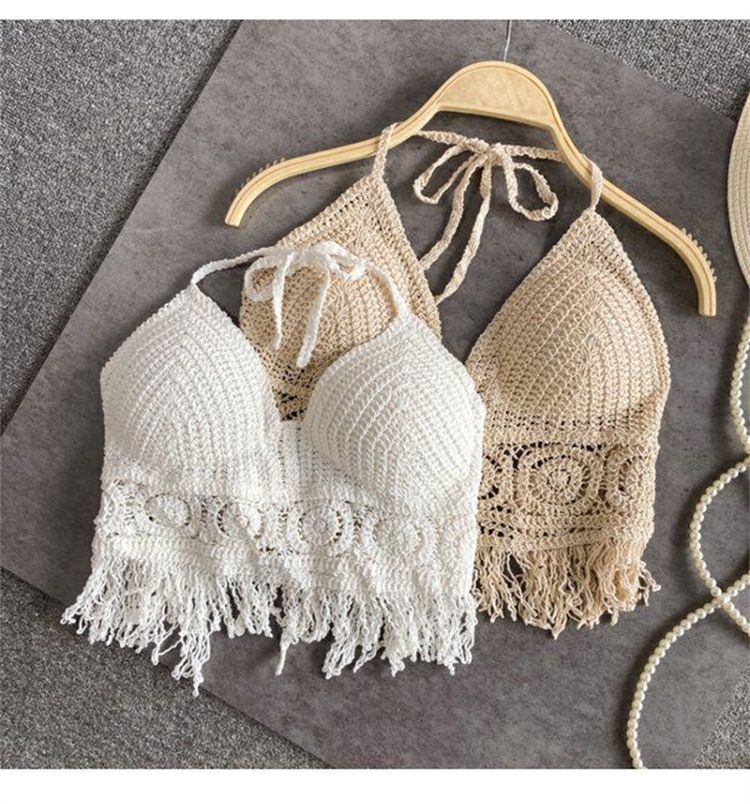 Halter neck small vest sling inner wear with exposed shoulder straps and chest pads backless hollow tube top embroidered vest women's summer short top_voghion.com