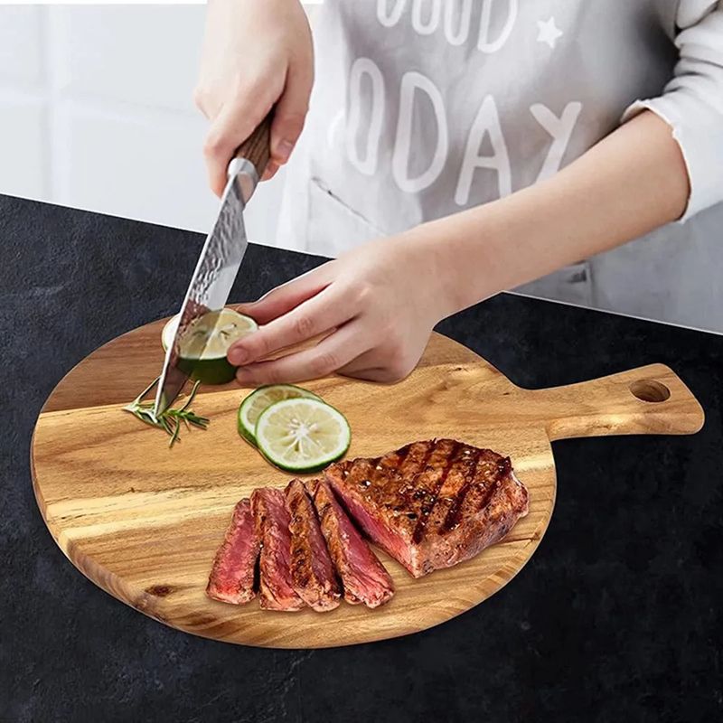 Holzschneidebrett, Pizzabrett aus Akazienholz mit Griff, rund, tragbar, Essteller aus Holz, Küchentablett_voghion.com