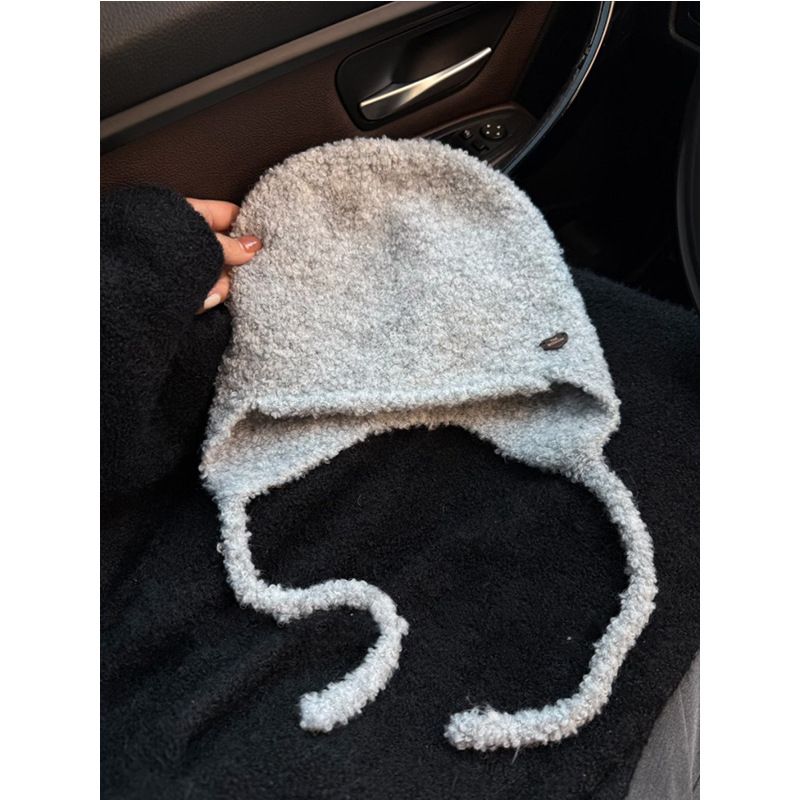 Autumn Winter Warm Wool Blend Fluffy Ear Protection Balaclava For Women Large Head Circumference Face Slimming Knitted_voghion.com