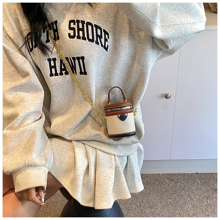 Borsa a secchiello da donna, mini borsa a secchiello rotonda con contrasto di colore, stile per famiglie, da portare a mano, piccola borsa a tracolla color rossetto, da donna_voghion.com