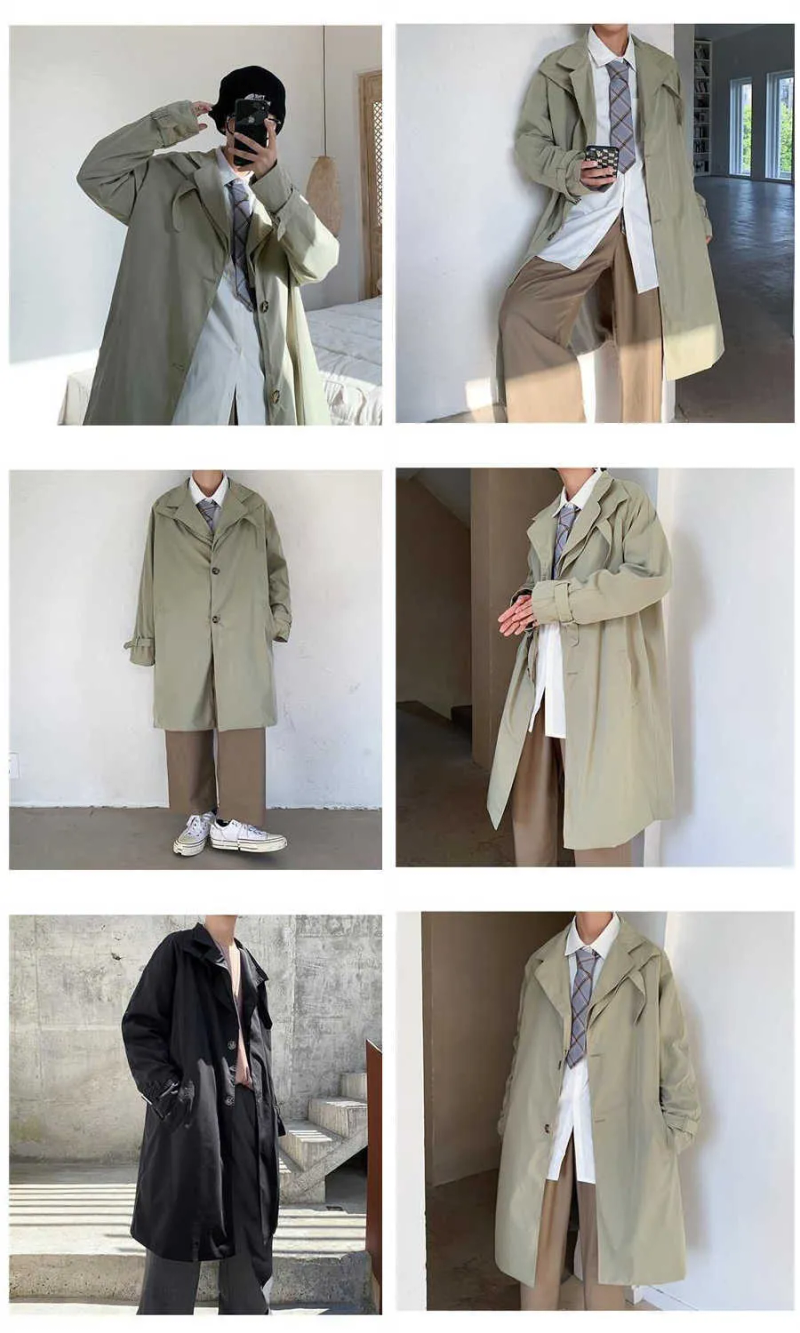 Mäntel Männlich Frühjahr männer Windjacke Crdigan Casual Gürtel Streetwear Grün Lose Revers Mantel Britischen Trenchcoat_voghion.com