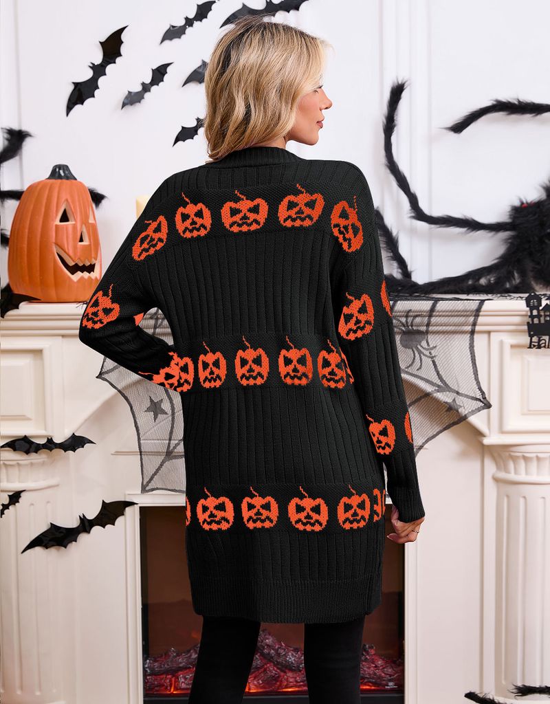 Halloween Pumpkin Jacquard Cardigan Sweater For Women - Acrylic Knit Open Front Coat With V-Neck, Long Sleeve (Black/Orange/Purple)_voghion.com