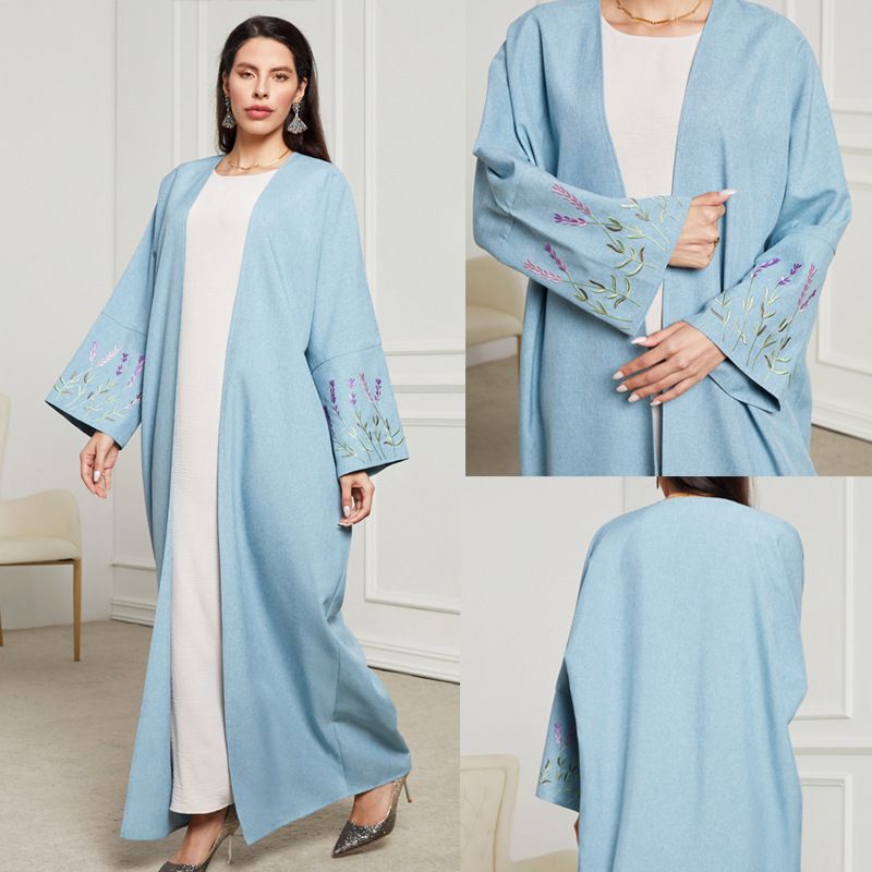2025 Frühling Sommer Neue Abaya Muslimischen Mode Bestickt Elegante Strickjacke Lange Batwing Ärmel Kleid_voghion.com