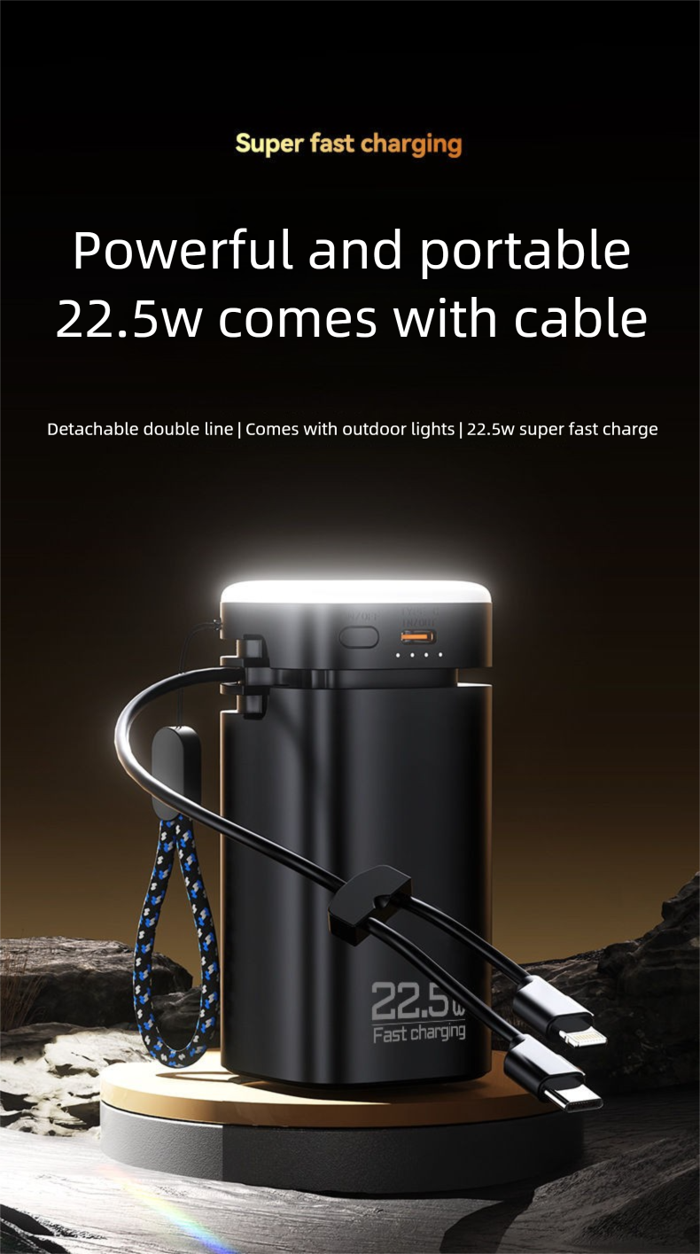 Toplaner 22,5 W Chargeur rapide Câble intégré Batterie externe Grande capacité 20 000 mAh Lampe de camping Chargeur portable domestique_voghion.com
