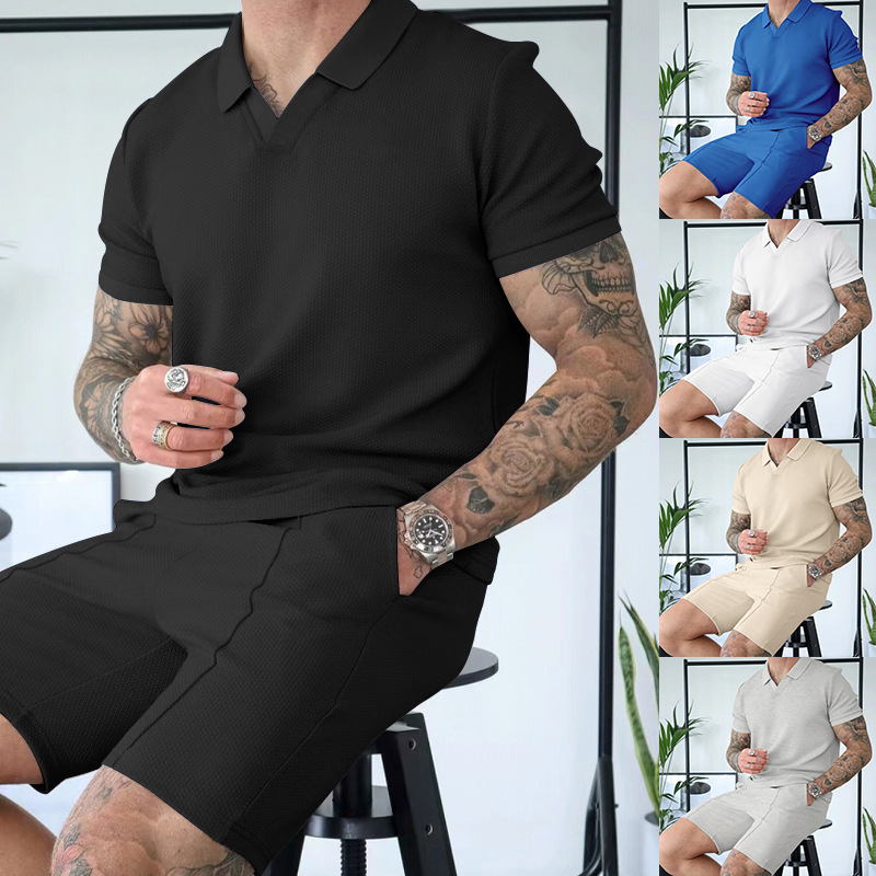 Ensemble d'été 2 pièces pour hommes, costume gaufré, couleur unie, mince, décontracté, Polo, manches courtes, ensemble Short et haut_voghion.com