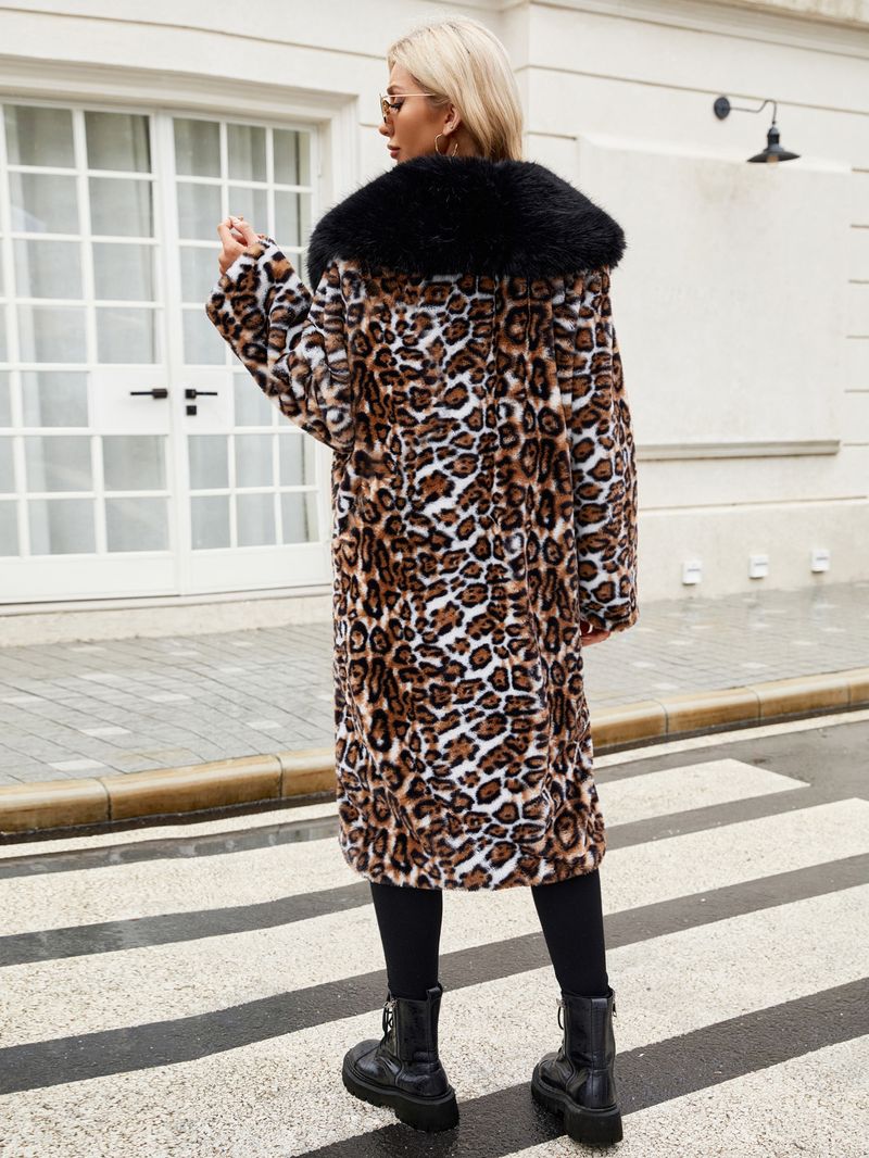 Cappotto in pelliccia sintetica extra lungo da donna con collo in pelliccia sintetica staccabile – Elegante soprabito invernale con stampa leopardata_voghion.com