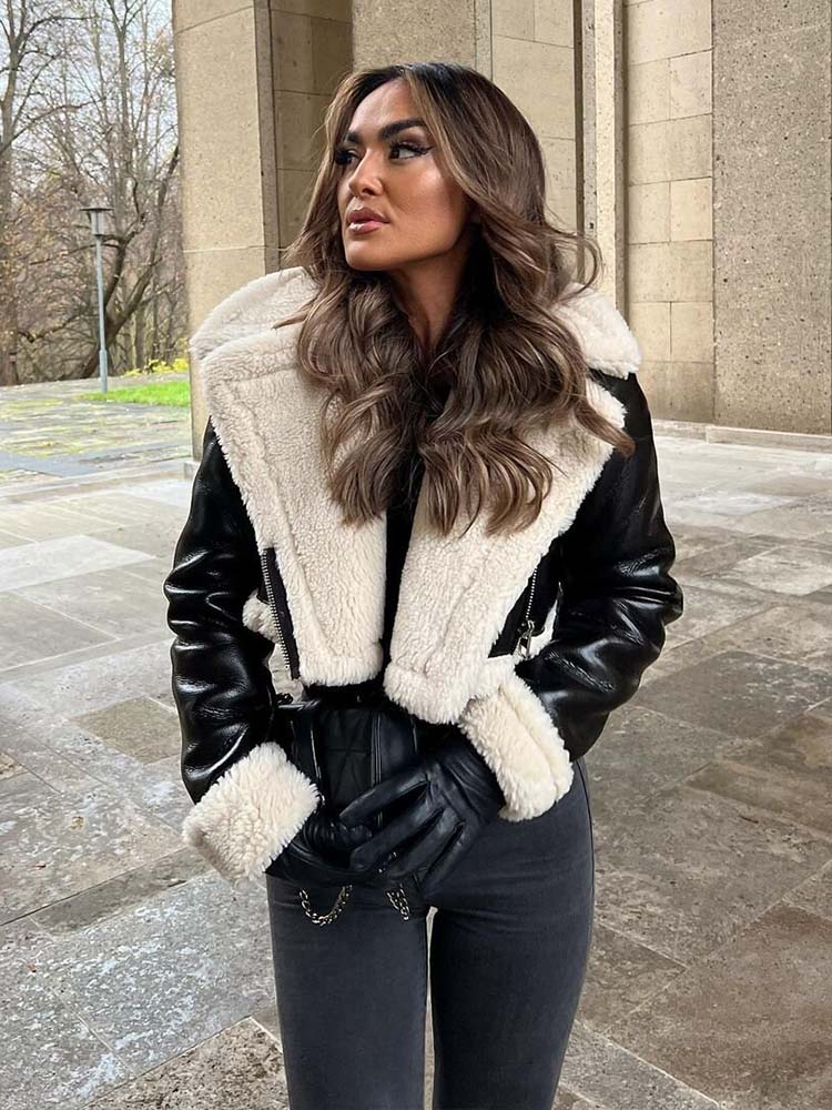 KLKXMYT TRAF kobiety 2023 moda gruby ciepły sztuczny shearling krótka kurtka płaszcz Vintage z długim rękawem zamek damska odzież wierzchnia_voghion.com