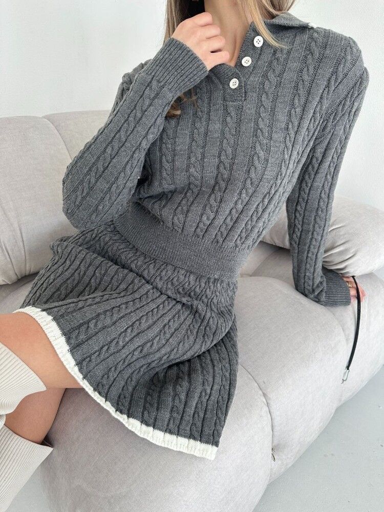 Women's Knit Sweater & Skirt Set – Long Sleeve Button-Up Top With Mini Skirt | Casual Elegance For Fall & Spring_voghion.com