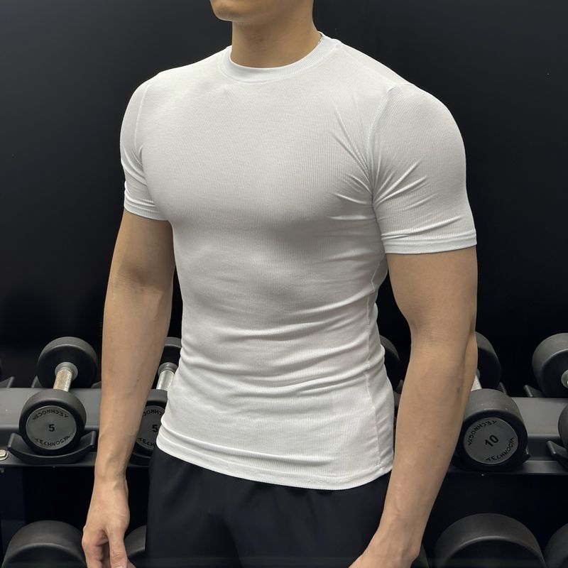 Camiseta de manga corta para hombre, de verano, elástica, ajustada, para correr, entrenamiento, deportes, de secado rápido, base, para fitness, acanalada._voghion.com