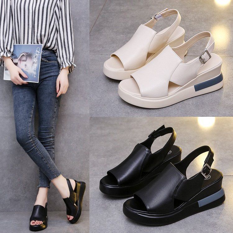 Plateau-Keilabsatz mit dicker Sohle für Damen, Outdoor-Sandalen mit leerer Schnalle, große High-Heel-Sandalen für Damen_voghion.com