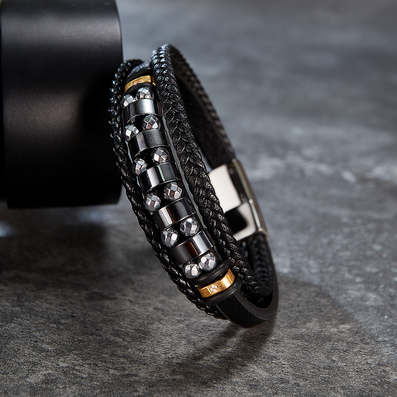Mehrlagiges gewebtes Lederarmband mit Hämatit-Lederarmband für Herren_voghion.com