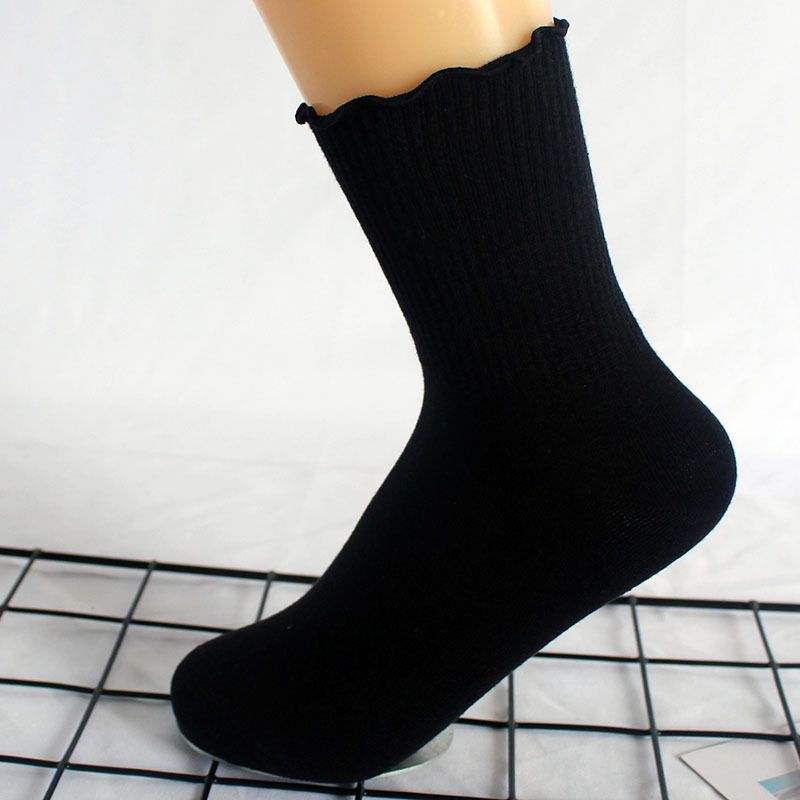 Calzini da donna Calzini alla caviglia plissettati da donna Calzini autunnali invernali in cotone con pizzo alle orecchie in legno Calzini a tubo medio da donna in tinta unita_voghion.com