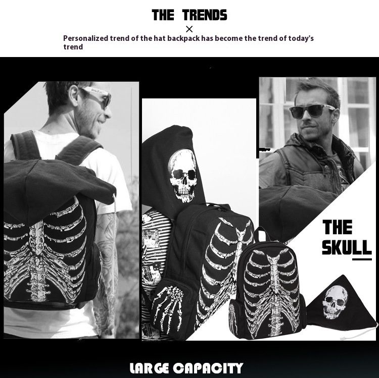 New Canvas Bag Halloween Funny Skull Backpack Hooded Personalized Printed Backpack_voghion.com