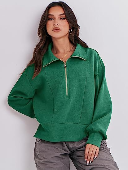 2024 Autumn New Women's Loose Zipper Collar Long Sleeve Hoodie Top_voghion.com