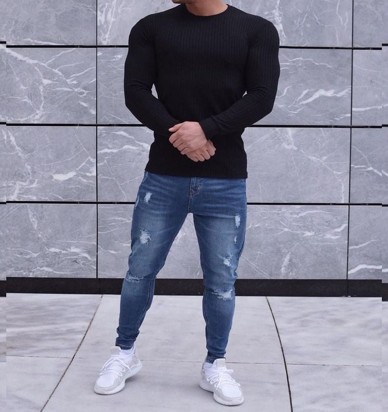 Ropa para hombre Camiseta deportiva de otoño para hombre, informal, con cuello alto, tiras verticales elásticas, cuello redondo, manga larga_voghion.com