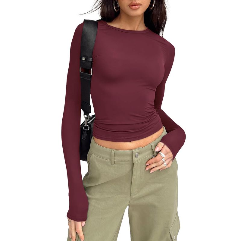 Maglietta casual a maniche lunghe da donna, a tinta unita, attillata, primaverile e autunnale_voghion.com