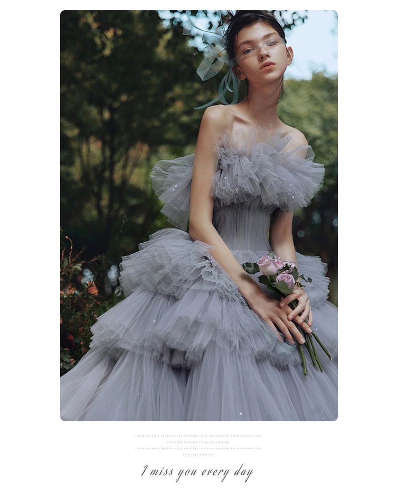 Photoshoot Ball Gown – Ethereal Tulle Cake Dress With Detachable Train & Corset Lacing (Grey/Ombre Elegant Strapless Prom Dress For Boho Styled Shoots_voghion.com