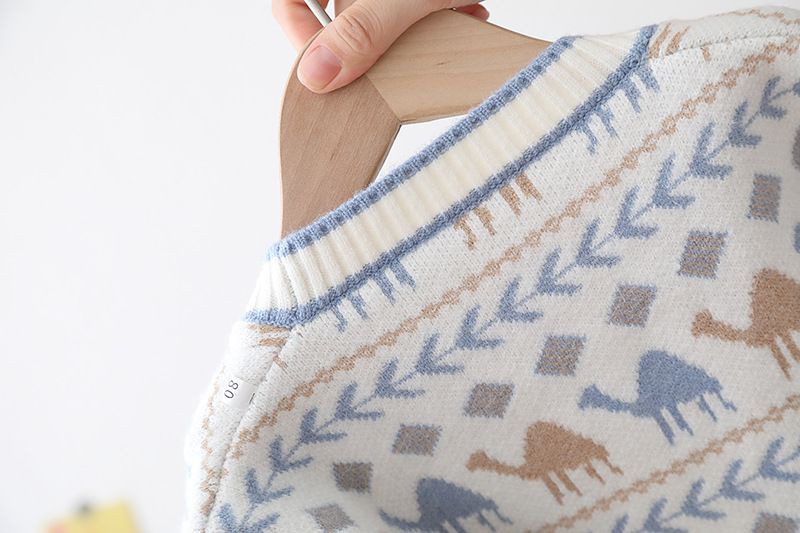 Cardigan en tricot dinosaure pour garçons et filles – Pull col en V en coton doux – Vêtements d'extérieur légers de style coréen – Blanc/Bleu clair/Jaune (80-120 cm)_voghion.com