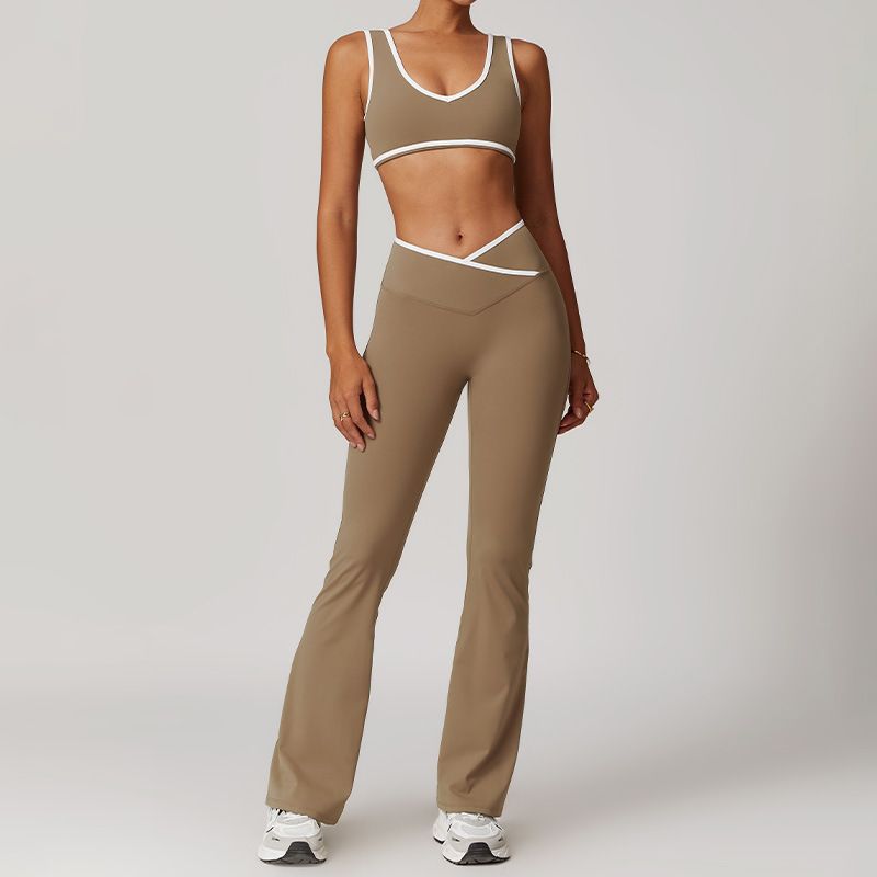 LazyZoom Cross High Waist Sports Set Women, Color Block Bare Back Tight Tank Top For Running, Fitness, Yoga 8843_voghion.com