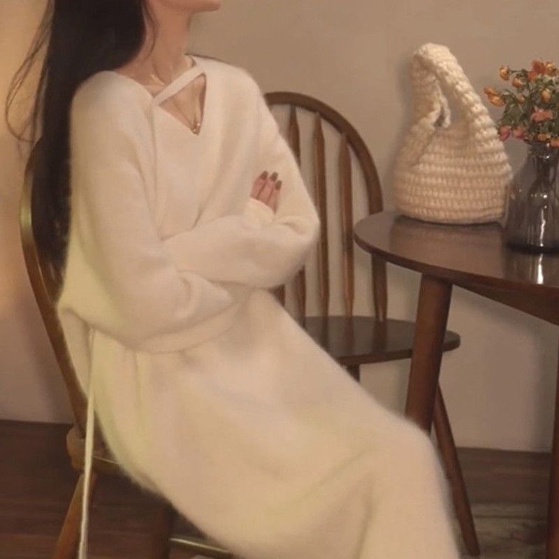 French Style Knitted Autumn Winter New Slim Waist Inner Layer Base Long Soft V-Neck Sweater Dress Coat_voghion.com