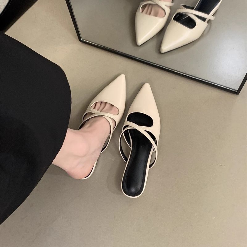 Mules basse da donna in morbida pelle con punta a punta, stile francese, per l'abbigliamento estivo all'aperto_voghion.com