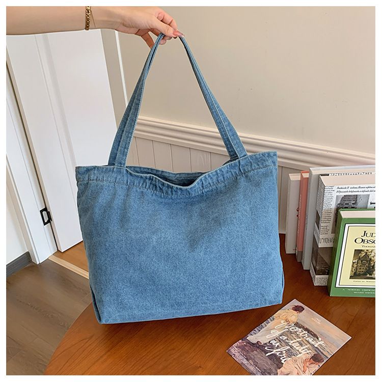 Denim Bag Women's Shoulder Bag Large Capacity Solid Color Washed Denim Bag Student Commuter Shoulder Bag Female Art Casual Handbag_voghion.com