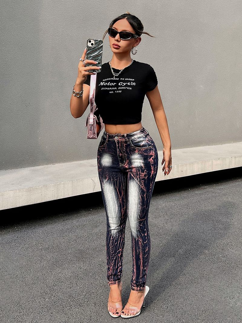 Vêtements pour femmes nouveau style délavé créatif teint par nouage taille haute élastique rehaussant les hanches pantalon en jean polyvalent pour femmes_voghion.com