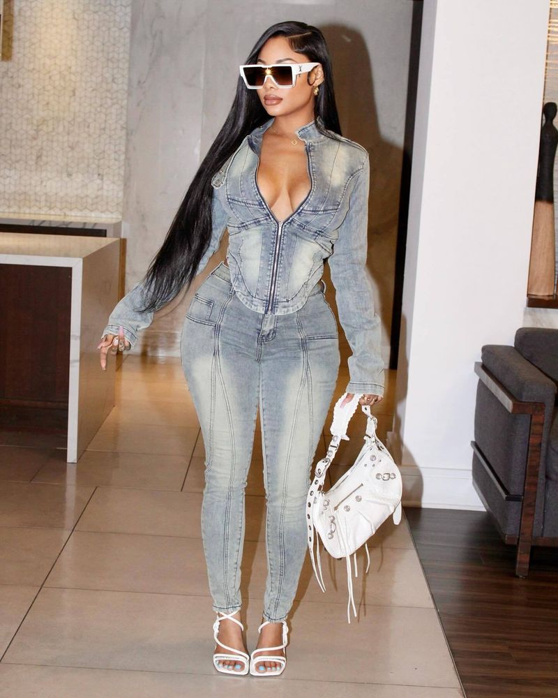 Women's Clothing Denim Long Sleeved Suit Fashion Stretch Trousers Suit_voghion.com