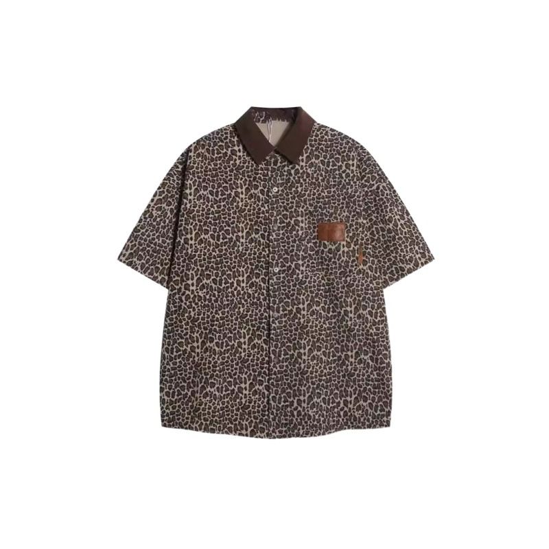 American vintage leopard print denim short sleeved shirt women's summer trendy brand explosive street polo collar jacket_voghion.com