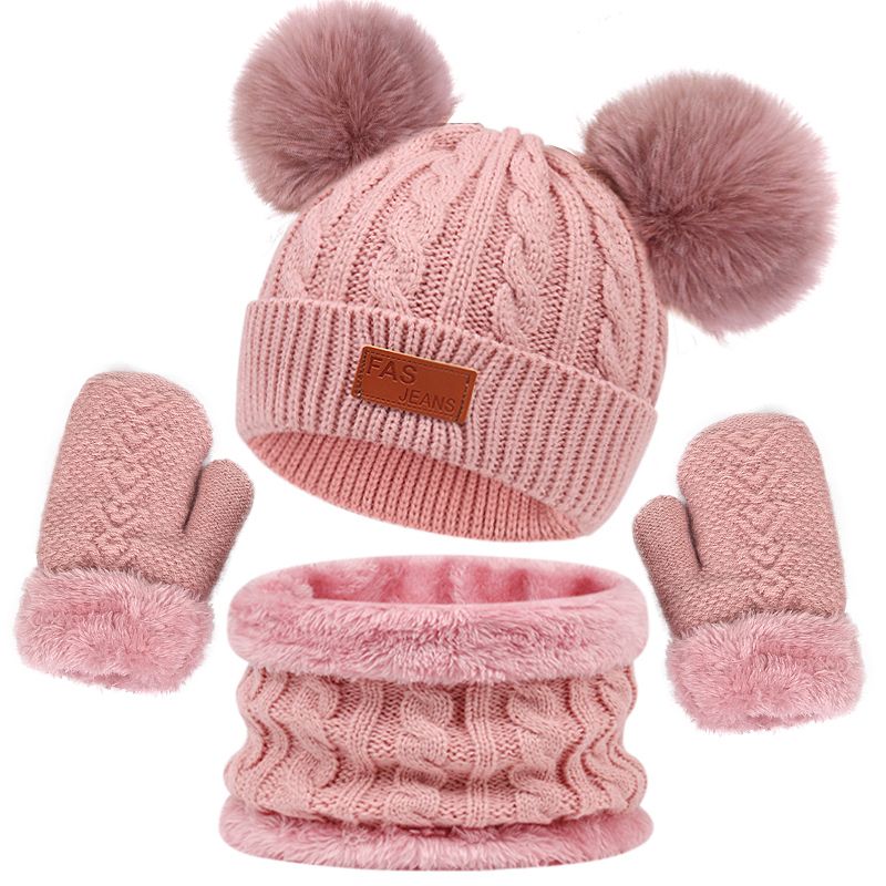 Kanner Wantermütz Schal Handschuesch Set Duebelkugel Fleece Futter Puppelchenmütz fir Jongen Meedercher Einfarweg Puppelchen Strickmütz 1-4 Joer_voghion.com