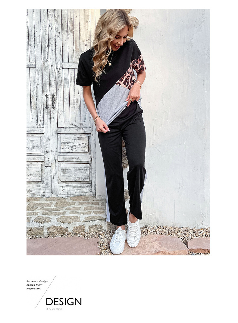 Ensemble deux pièces européen et américain avec T-shirt imprimé léopard de couleur contrastée, costume décontracté pour femmes_voghion.com
