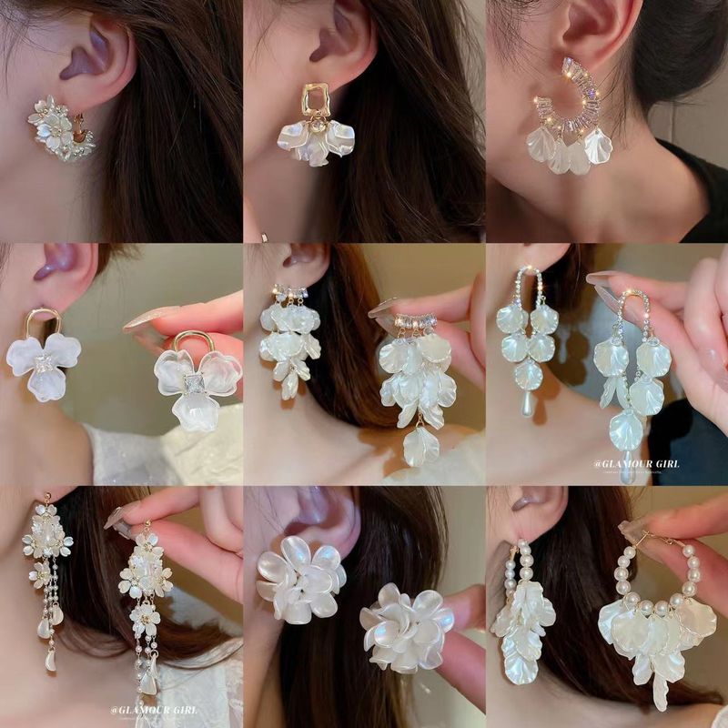 Orecchini a forma di petalo con perla e diamanti intarsiati in argento, super immortali, dolci e raffinati, stile forestale._voghion.com