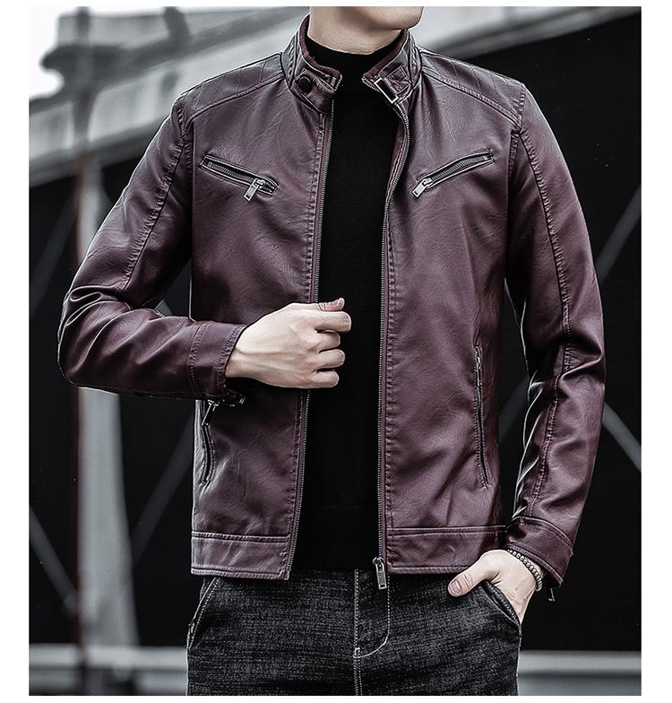 Vêtements pour hommes Veste en cuir PU Casual Hommes Col montant Slim Fit Bike Suit Veste en cuir polaire Manteau en PU_voghion.com