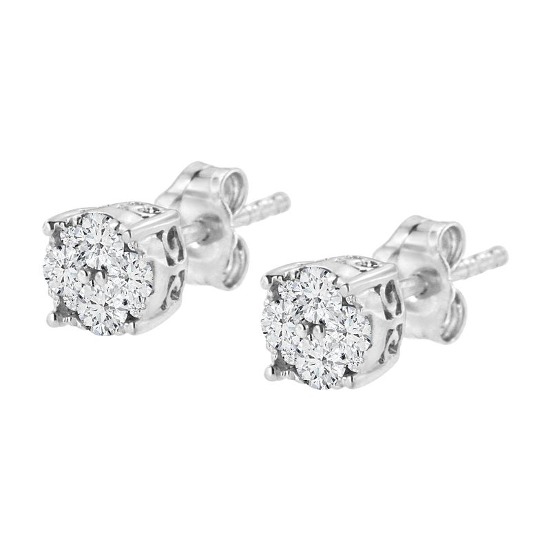 .925 Sterling Silver 1/2 cttw Prong Set Round-Cut Diamond Cluster Stud Earring (I-J Color, I2-I3 Clarity)_voghion.com