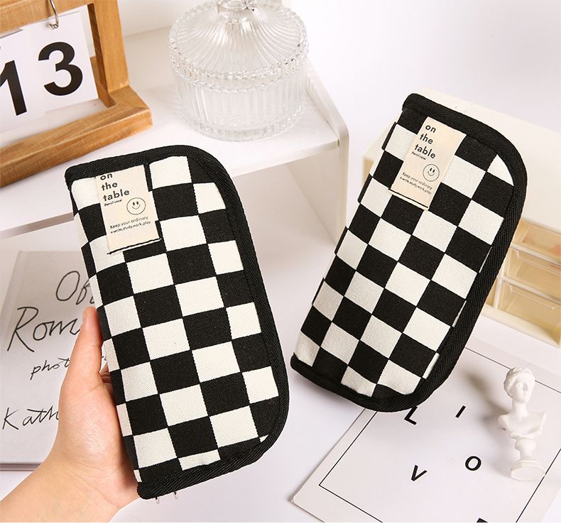 ins style black and white checkerboard pencil bag large capacity stationery bag canvas student simple high value pencil bag wholesale_voghion.com